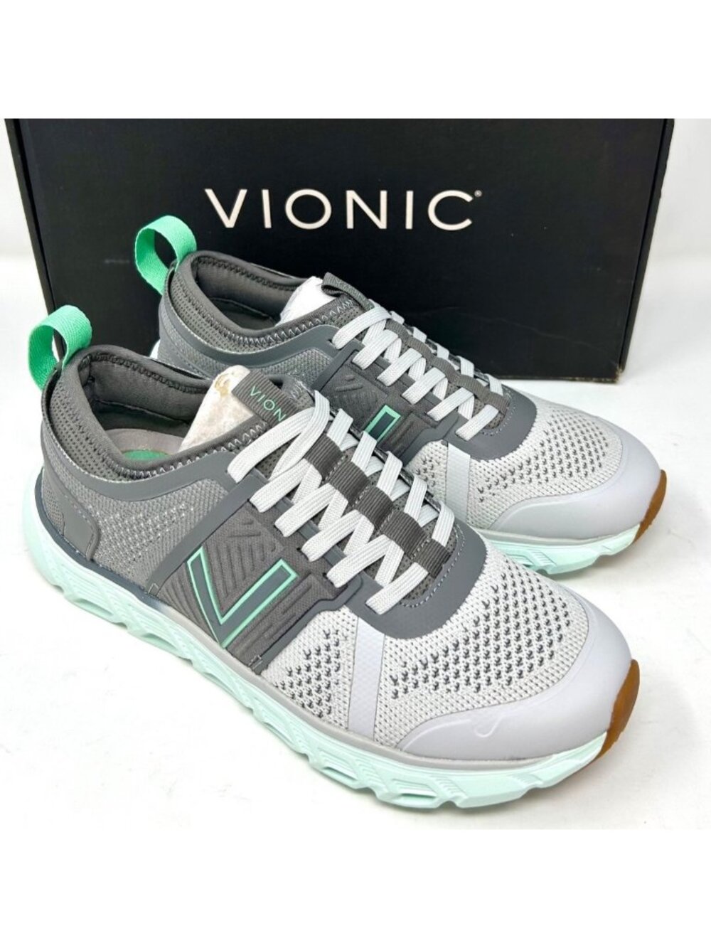 Vionic Captivate Supportive Womens 6 Charcoal Knit Mint Walking Shoes Sneakers